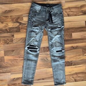 AMIRI Grey Men's MX1 Black Patches Skinny Jeans